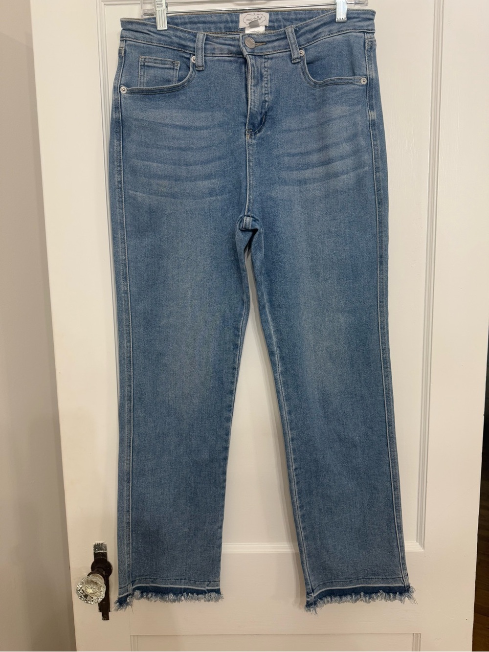 Mud Pie High Rise Cropped Jeans with Frayed Fringe Hem – Medium Wash large